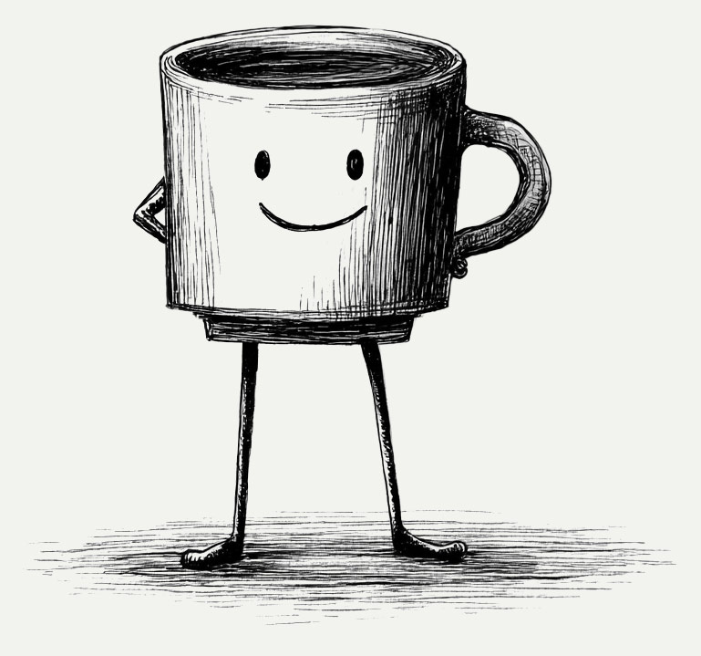 Kona, the Roasted coffee mug mascot, smiling with a hand on its hip